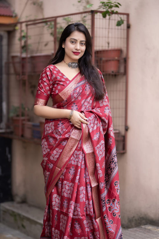 Ajrakh Printed Soft Cotton Silk Saree with Zari Pattu Border & Running Blouse | Lightweight & Washable | Swaraas.in