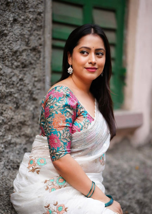 Elegant Off-White Paper Silk Embroidered Saree with Multicolor Floral Work & Printed Crepe Silk Blouse | Swaraas.in