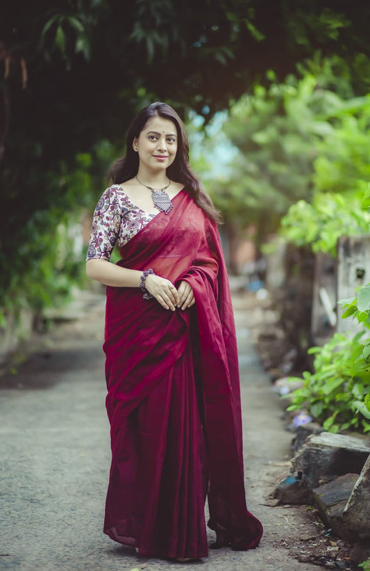 Elegant Soft Linen Saree in Dark Shade with Cotton Tassels & Self-Tilak Woven Crepe Silk Blouse | Swaraas.in