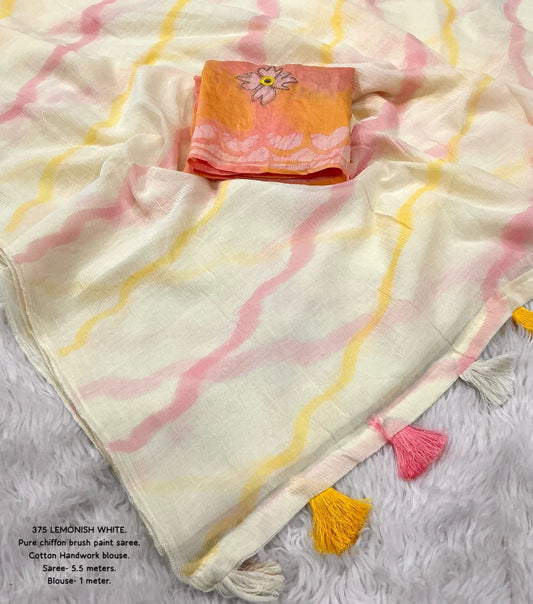 Elegant Single-Color Pure Chiffon Leheriya Saree with Cotton Tassel Pallu & Handcrafted Chanderi Blouse | Swaraas.in