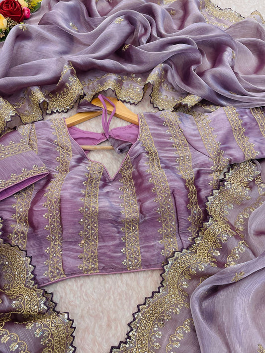 Barbary Silk Saree with Embroidered C-Pallu & Cutwork | All-Over Embroidered Blouse | Unstitched | 4 Color Options