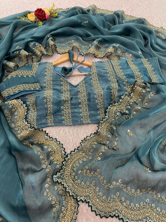 Barbary Silk Saree with Embroidered C-Pallu & Cutwork | All-Over Embroidered Blouse | Unstitched | 4 Color Options