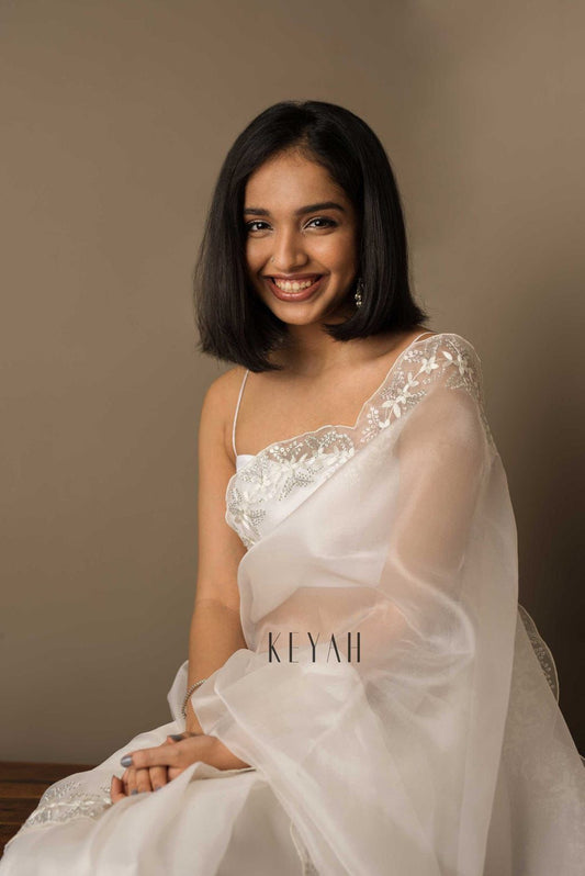 Lalita Tabby Organza Saree with Sequin Embroidery & Arco Cut Border – Satin Banglory Blouse