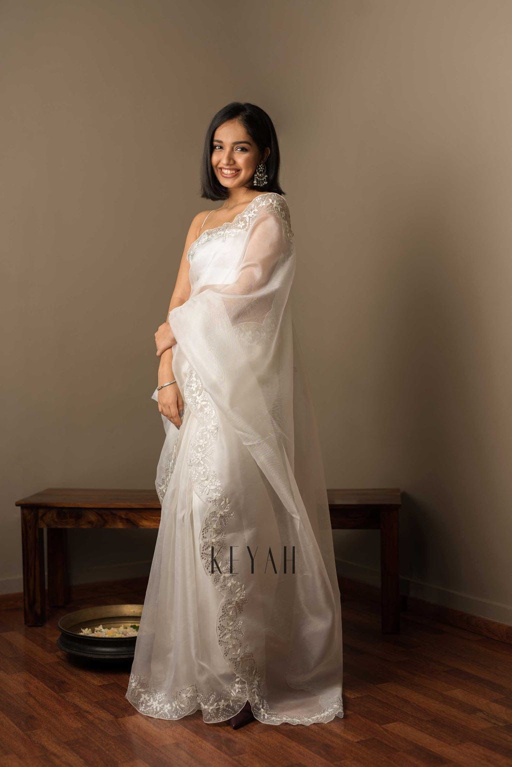 Lalita Tabby Organza Saree with Sequin Embroidery & Arco Cut Border – Satin Banglory Blouse