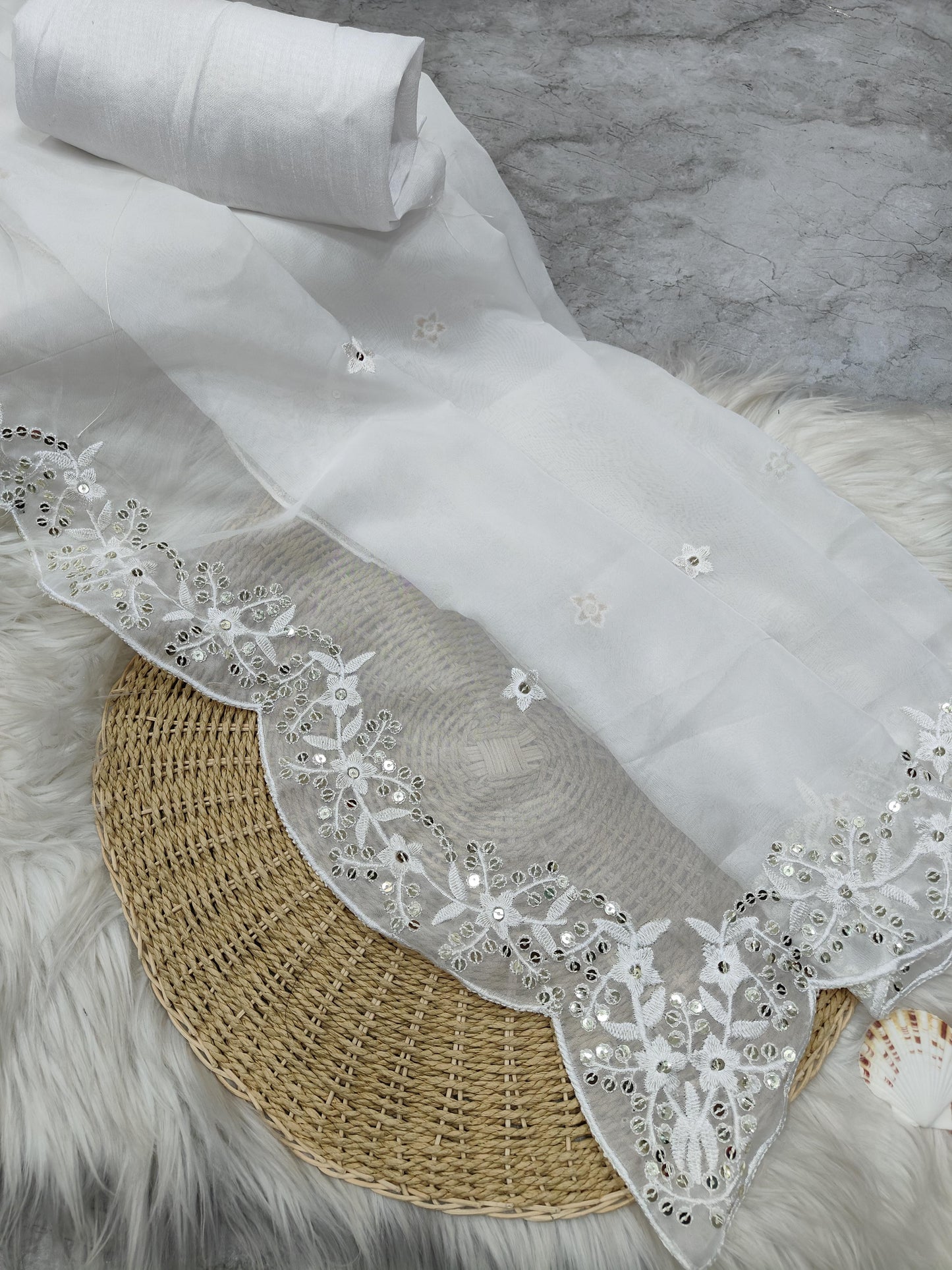Lalita Tabby Organza Saree with Sequin Embroidery & Arco Cut Border – Satin Banglory Blouse
