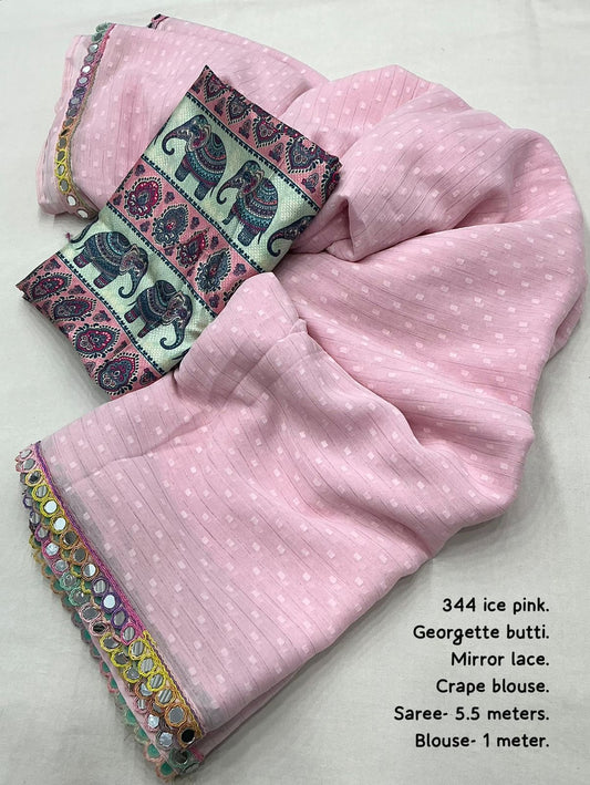 AK-344 Ice Cream – Soft Georgette Saree with Woven Butti, Real Mirror Lace & Crepe Silk Digital Print Blouse