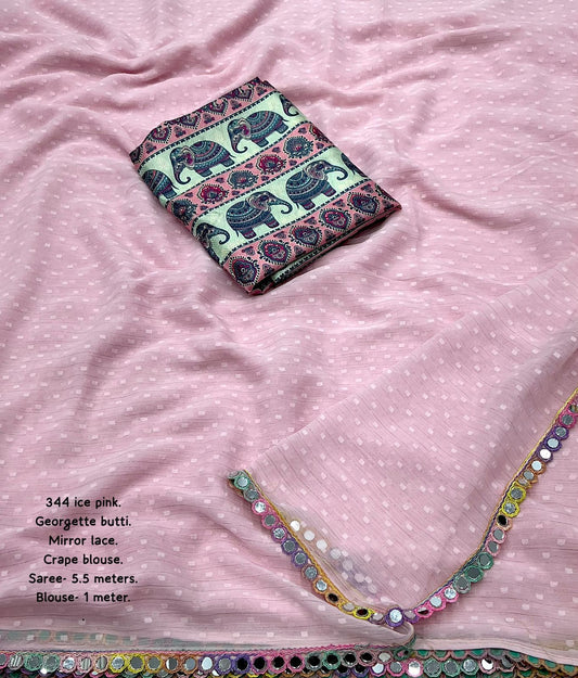 AK-344 Ice Cream – Soft Georgette Saree with Woven Butti, Real Mirror Lace & Crepe Silk Digital Print Blouse