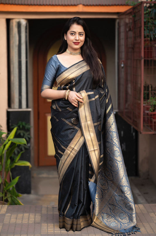 AK Suhani Grey-Black Edition – Soft Silk Saree with Zari Striped Weave & Rich Grey Pallu