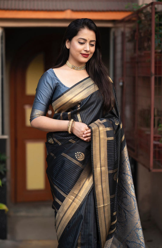 AK Suhani Grey-Black Edition – Soft Silk Saree with Zari Striped Weave & Rich Grey Pallu