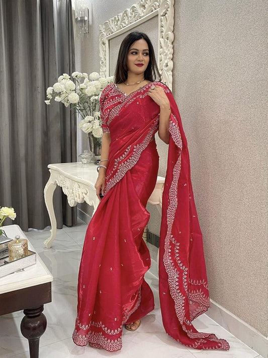 Lotus-7 Jimmy Choo Fabric Saree with Dual-Tone Sequin Embroidery, Arc Cut Border & Readymade Sequin Blouse