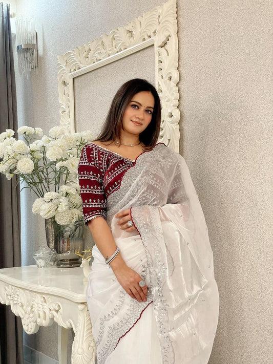 Lotus-7 Jimmy Choo Fabric Saree with Dual-Tone Sequin Embroidery, Arc Cut Border & Readymade Sequin Blouse