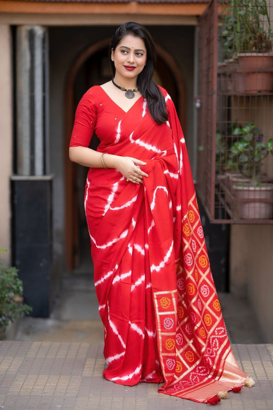 Karmavati Pure Viscose Cotton Crepe Saree with Zari Garchola Bandhani Pallu & Leheriya Tie-Dye – Mirror Work Cotton Blouse