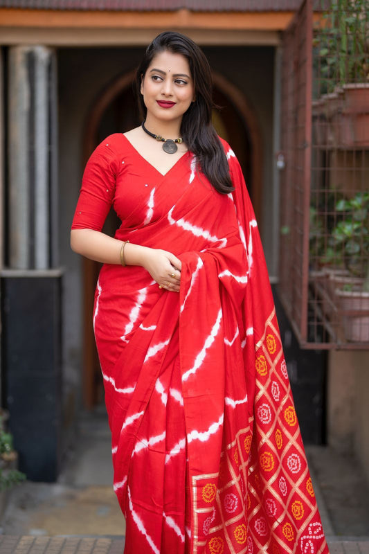 Karmavati Pure Viscose Cotton Crepe Saree with Zari Garchola Bandhani Pallu & Leheriya Tie-Dye – Mirror Work Cotton Blouse