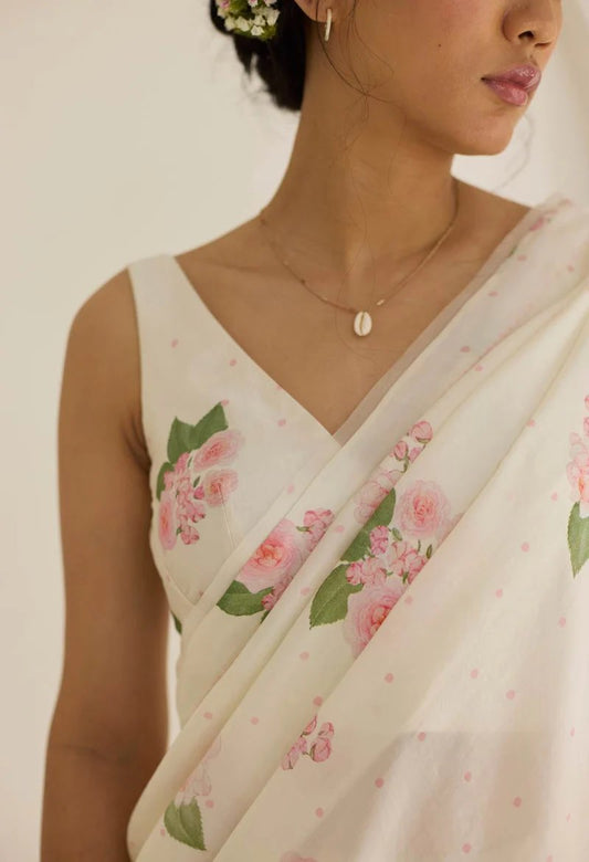 White Floral Linen Saree β Soft Plain Linen with Digital Print & Matching Blouse | Elegant Everyday Ethnic Wear