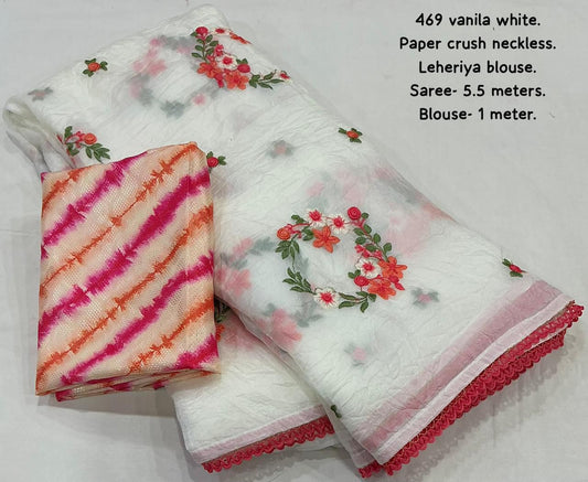 Soft Paper Crush Saree with Floral Necklace Embroidery & Leheriya Crepe Painted Blouse – Ak 469 Designer Collection