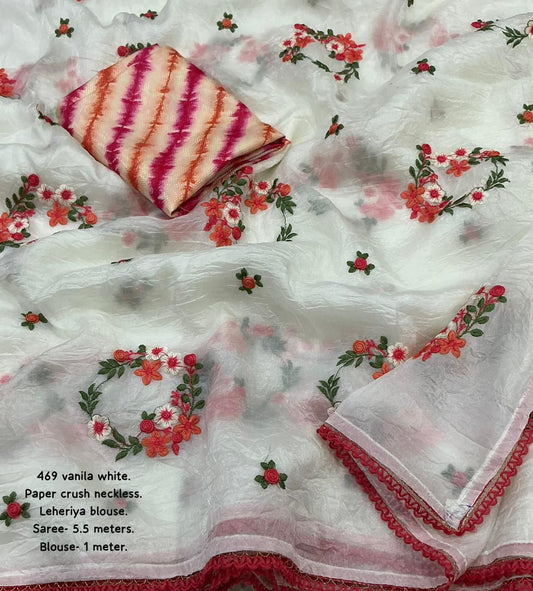 Soft Paper Crush Saree with Floral Necklace Embroidery & Leheriya Crepe Painted Blouse – Ak 469 Designer Collection