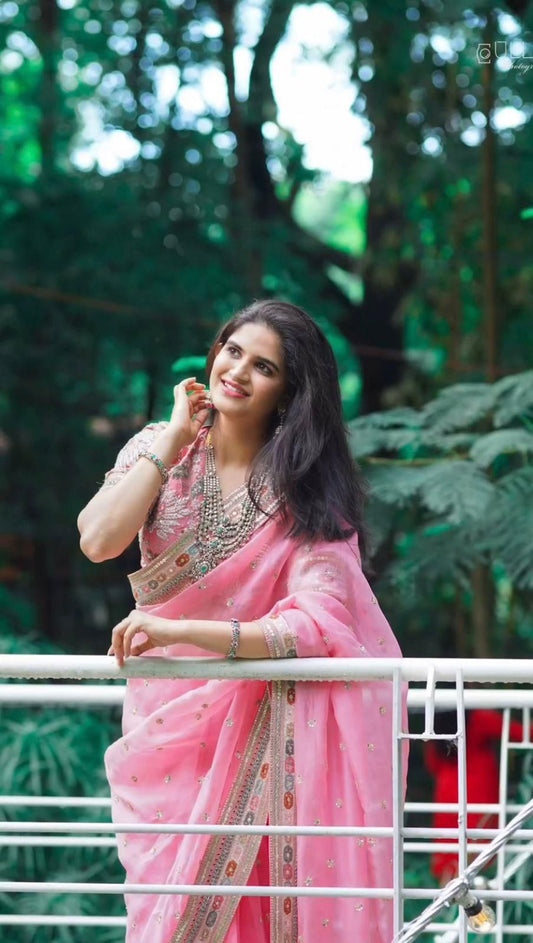 Gulmohar Pure Organza Silk Saree with Multi-Thread Sequin Embroidery and Designer Blouse