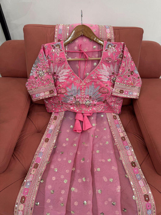 Gulmohar Pure Organza Silk Saree with Multi-Thread Sequin Embroidery and Designer Blouse