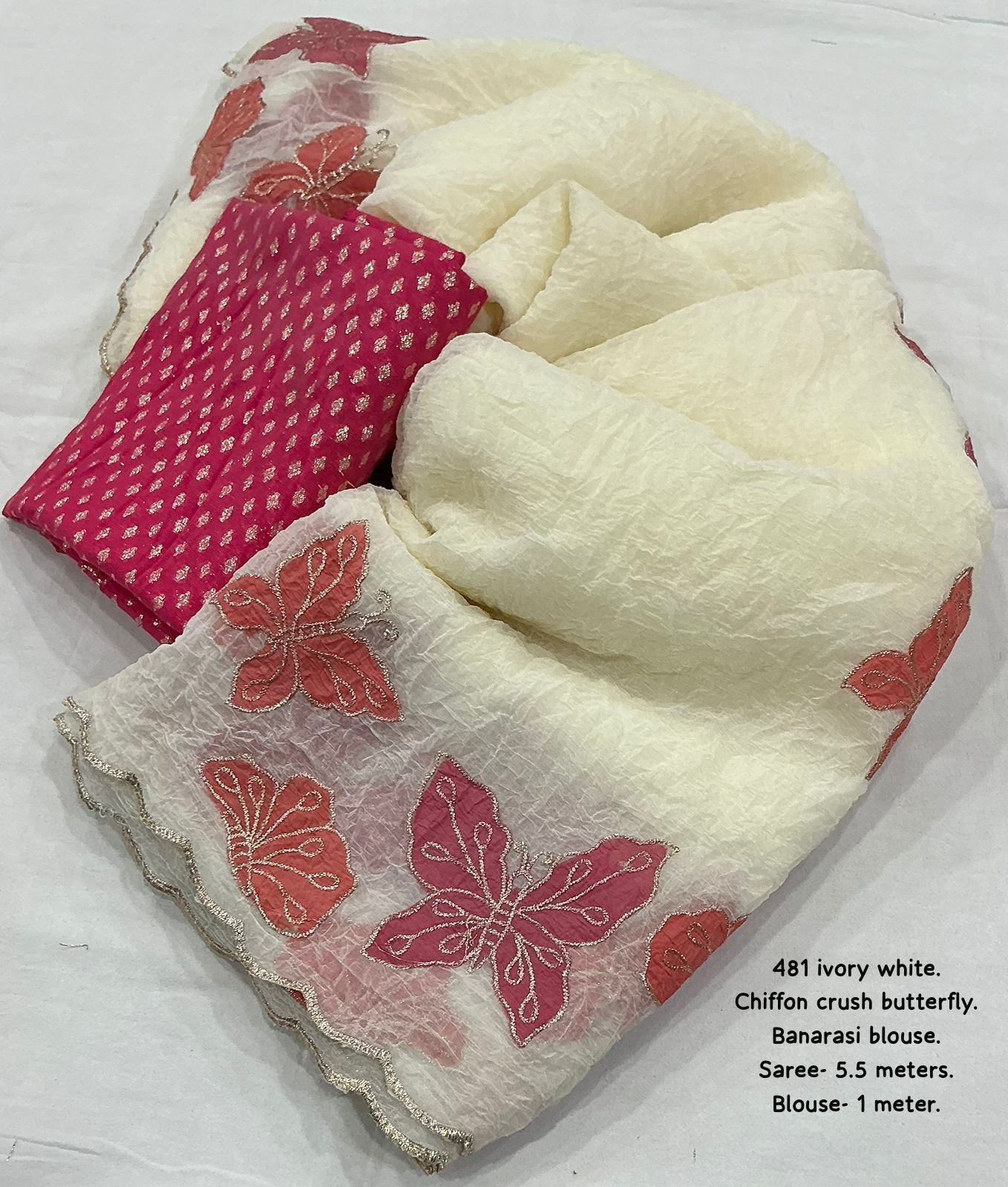 Butterfly Crush Soft Ivory White Chiffon Saree with Zari Embroidery & Banarasi Silk Blouse – AK 481