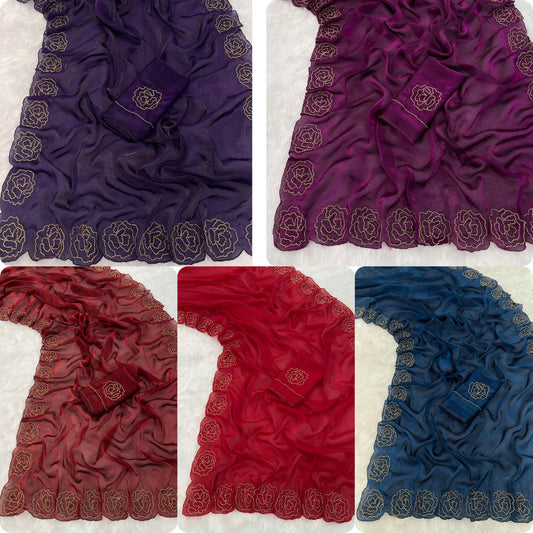 Vishva Frandy Satin (Space Silk) Saree with Katdana Handwork, Butta Detailing & Cutwork Border