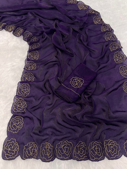 Vishva Frandy Satin (Space Silk) Saree with Katdana Handwork, Butta Detailing & Cutwork Border