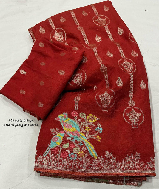 Banarasi Georgette Saree with Zari Woven Pallu & Multicolor Parrot Motifs – AK 465