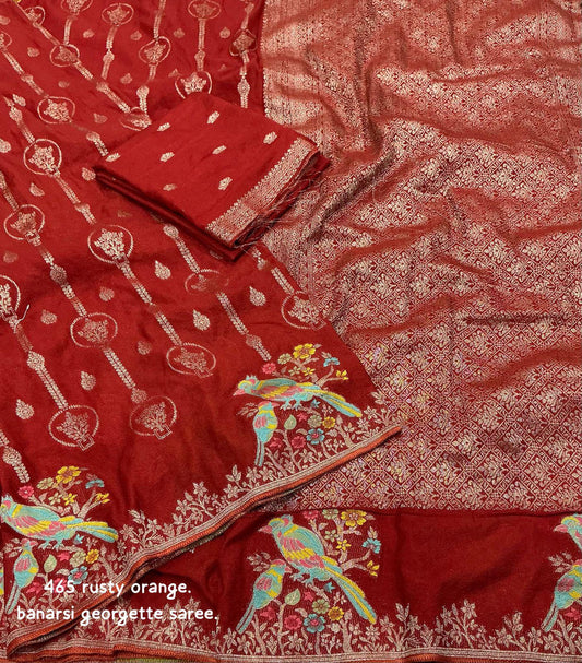 Banarasi Georgette Saree with Zari Woven Pallu & Multicolor Parrot Motifs – AK 465