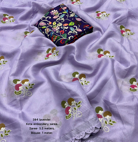 Soft Kota Silk Saree with Multicolor Embroidery Butti & Cutwork Border – AK-384