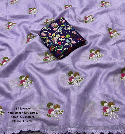 Soft Kota Silk Saree with Multicolor Embroidery Butti & Cutwork Border – AK-384