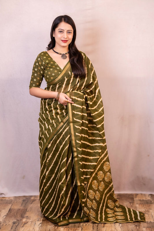 Crystal Leheriya Soft Cotton Feel Saree with Zari Pattu & Printed Running Blouse – AK Edition