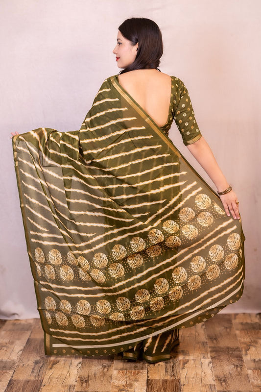 Crystal Leheriya Soft Cotton Feel Saree with Zari Pattu & Printed Running Blouse – AK Edition