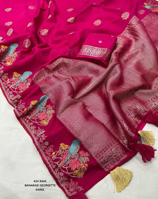 AK-424 Banarasi Georgette Saree with Zari Woven Pallu & Parrot Motif – Soft Pure Georgette with Sequin Blouse