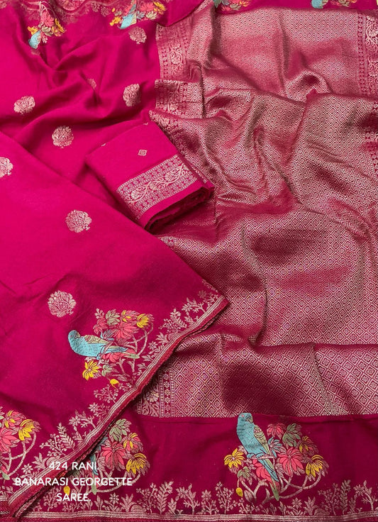 AK-424 Banarasi Georgette Saree with Zari Woven Pallu & Parrot Motif – Soft Pure Georgette with Sequin Blouse
