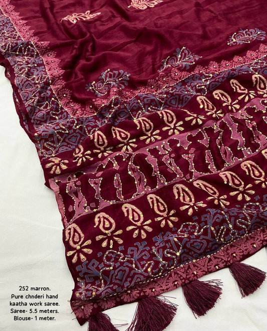 AK-252 Magic Kaatha – Pure Chanderi Cotton Saree with Ajrakh Block Print & Hand Kaatha Embroidery