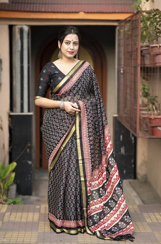 AK - Ajrakh Kota Doria Saree with Zari Pattu Border & Kota Silk Blouse