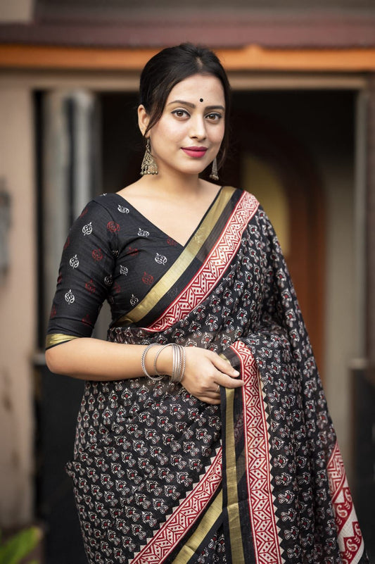 AK - Ajrakh Kota Doria Saree with Zari Pattu Border & Kota Silk Blouse