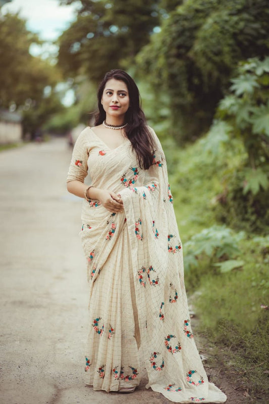 AK-161 Pure Georgette Zari Chex Saree with Multi-Color Thread Embroidery & Designer Embroidered Blouse