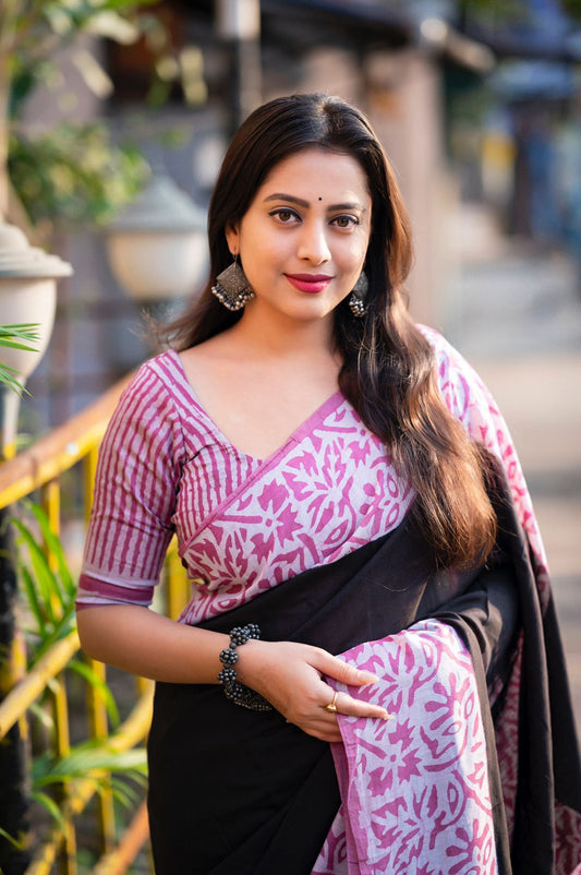 Bagru Black Leheriya Print Saree – Soft Fabric with Zari Pattu Border & Cotton Tassel Pallu | Traditional Ethnic Look