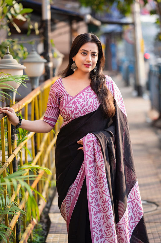 Bagru Black Leheriya Print Saree – Soft Fabric with Zari Pattu Border & Cotton Tassel Pallu | Traditional Ethnic Look