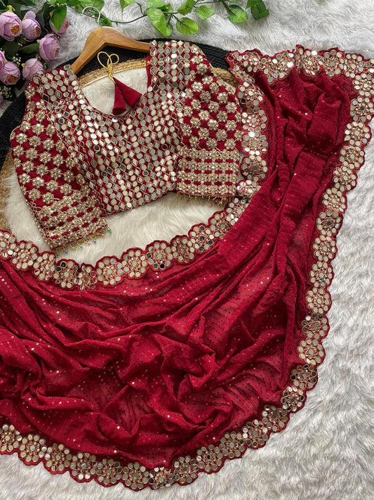 Mital Soft Georgette Saree with 5500+ Real Mirror Embroidery & Coding Work β 5.6 Meters with Unstitched Blouse