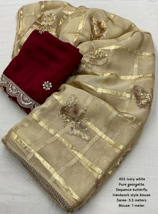 Ivory White Viscose Georgette Saree with Zari Checkered Weave & Butterfly Sequin Embroidery | Maroon Semi-Raw Silk Embroidered Blouse