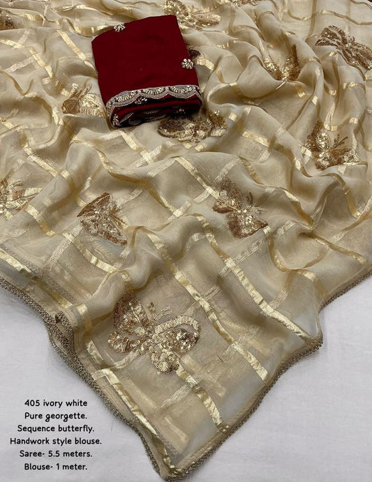 Ivory White Viscose Georgette Saree with Zari Checkered Weave & Butterfly Sequin Embroidery | Maroon Semi-Raw Silk Embroidered Blouse