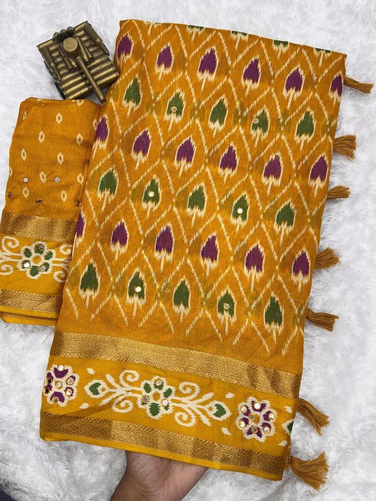 Koyal Pure Georgette Moss Saree with Rajwadi Print, Zari Border & Gota Patti Mirror Work | 6.30m with Running Blouse