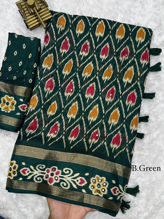 Koyal Pure Georgette Moss Saree with Rajwadi Print, Zari Border & Gota Patti Mirror Work | 6.30m with Running Blouse