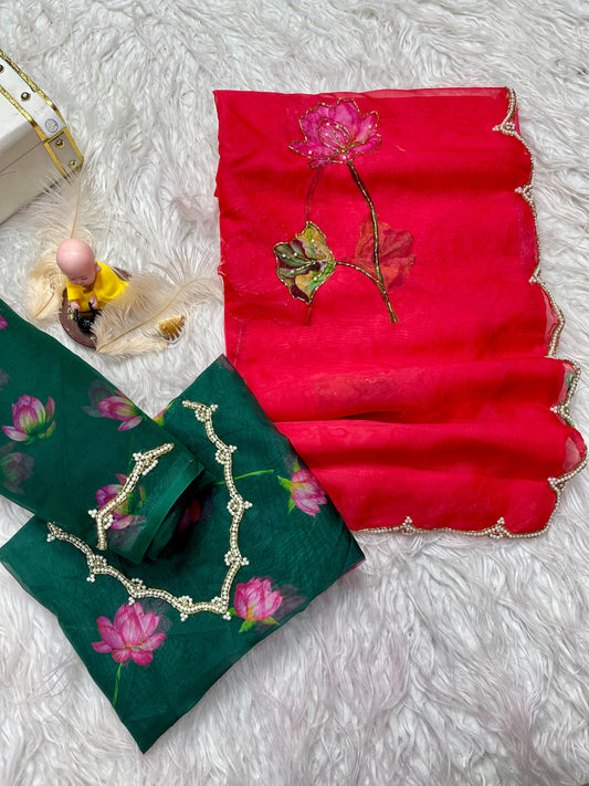 Elegant Tabby Organza Saree with Digital Print & Intricate Khatli Embroidery – 5.5 Meters with Designer Blouse