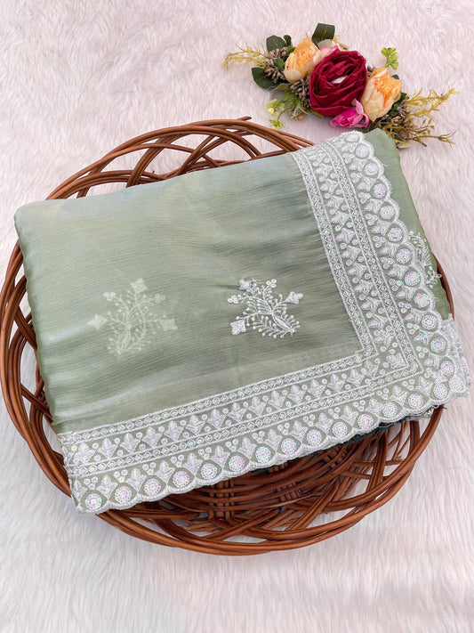 Lotus Designer Jimmy Choo Saree with Dual-Colour Sequin & Thread Embroidery – Arc Cut Border | 4 Colors Available