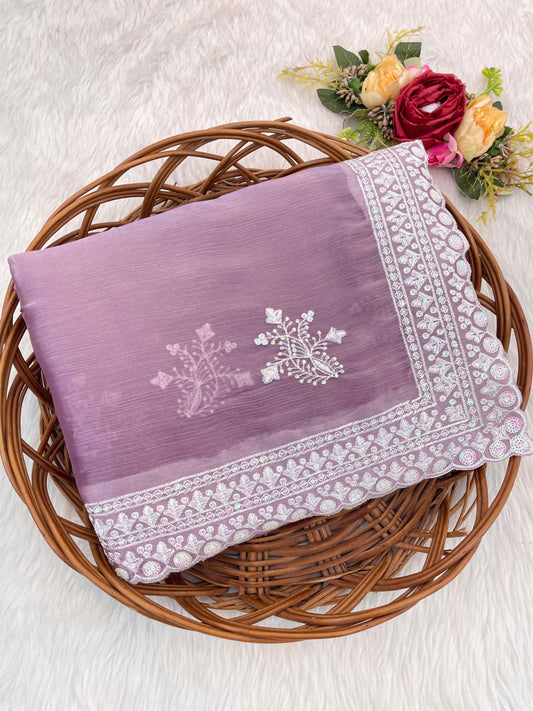 Lotus Designer Jimmy Choo Saree with Dual-Colour Sequin & Thread Embroidery – Arc Cut Border | 4 Colors Available