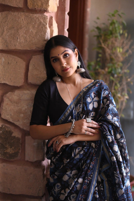 Black Indigo Chanderi Silk Saree with Gold Border & Digital Print | Elegant Festive Wear with Matching Blouse