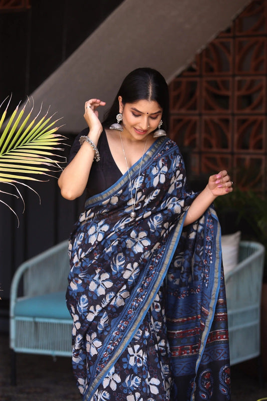 Black Indigo Chanderi Silk Saree with Gold Border & Digital Print | Elegant Festive Wear with Matching Blouse