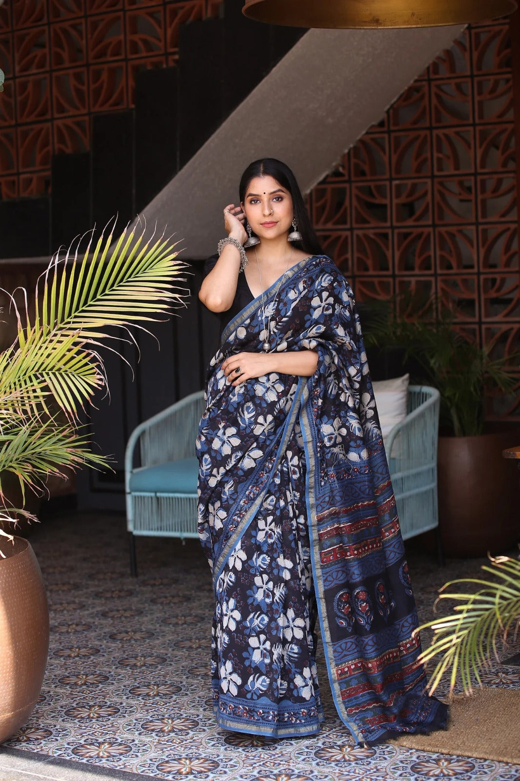Black Indigo Chanderi Silk Saree with Gold Border & Digital Print | Elegant Festive Wear with Matching Blouse